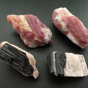 4 Tourmaline Crystal Specimens, 2 Black 2 Pink Tourmaline Crystals in Matrix, Tourmaline Stones, Raw Crystals and Stones, Rocks & Minerals