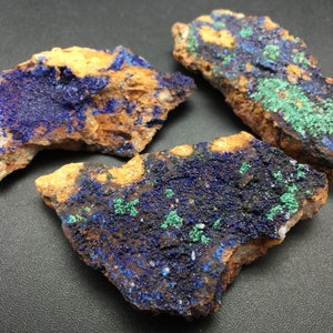 3 Azurite Malachite Stones, Raw Blue Azurite Crystal Druzy with Green Malachite in Matrix, Blue Green Mineral Specimens, Rocks and Minerals