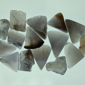 May include: A collection of 13 grey and brown agate chips, some with a triangular shape, others with irregular shapes.