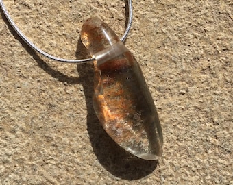 Lens Quartz Pendant, 2 Inch Clear Quartz with Lodolite Mineral Inclusions, Polished Stone with Large Hole Drilled Fits on Chain