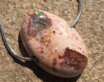 FIRE OPAL Pendant, 33mm Mexican Fire Opal Stone Necklace, Rainbow Fire Opal in Natural Matrix with Large Hole Drilled Fits on Chain