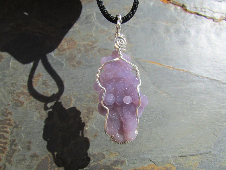 Grape Agate Pendant Raw Stone Pendant Purple Chalcedony Grape Agate Crystal Cluster in Sterling Silver Wire Wrap Raw Crystal Necklace