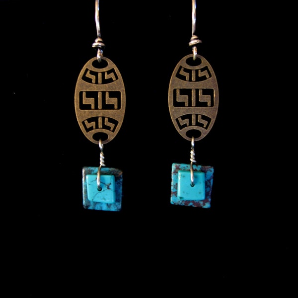Turquoise Earrings - Square Cut Tribal Design, Wire Wrap Turquoise Earrings - Square Turquoise Jewelry