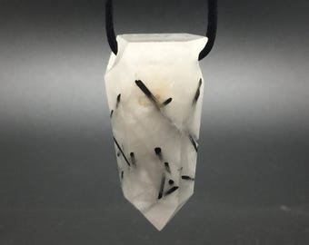 Black Tourmaline in Quartz Pendant, 2 Inch Polished Crystal with Large Hole Drilled Fits on Chain, Crystal Necklace, Tourmalinated Quartz