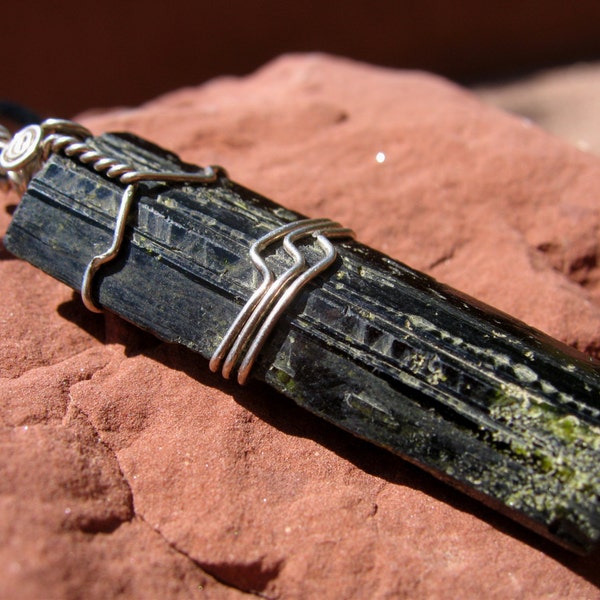 EPIDOTE Crystal Pendant - Large Green Epidote Crystal Wire Wrapped in Sterling Silver - Crystal Necklace -  Crystal Jewelry