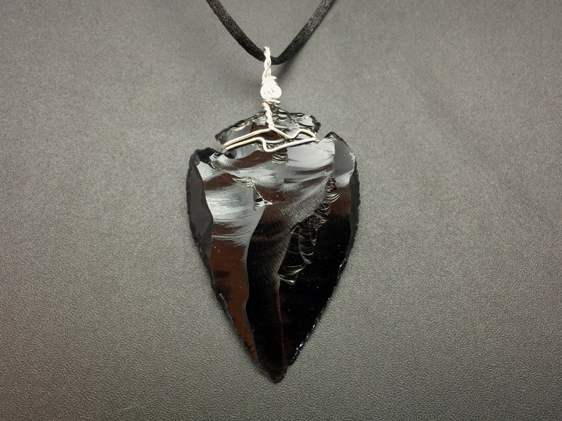 Obsidian Arrowhead Pendant 3 Inch Large Black Obsidian Arrow Point Wire Wrapped in Sterling Silver Obsidian Pendant Arrowhead Necklace