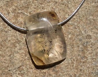 Dendritic Quartz Pendant, 30mm Clear Golden Quartz with Black Dendrite Inclusions, Large Hole Drilled Fits on Chain.