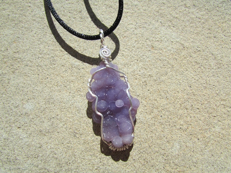 Grape Agate Pendant Raw Stone Pendant Purple Chalcedony Grape Agate Crystal Cluster in Sterling Silver Wire Wrap Raw Crystal Necklace
