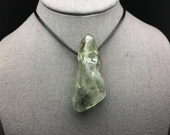 Large Prasiolite Crystal Pendant, 2.75 Inch Clear Green Quartz Polished Crystal with Large Hole Drilled Fits on Chain, Prasiolite Necklace