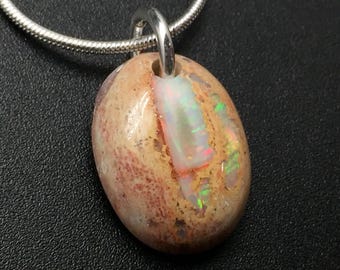 FIRE OPAL Pendant, Mexican Fire Opal Stone with Sterling Silver, Rainbow Fire Opal in Natural Matrix, Opal Necklace