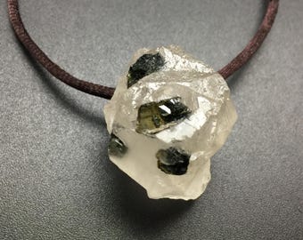 Green Tourmaline Crystals in Quartz Pendant 38mm, Raw Tourmalinated Crystal with Large Hole Drilled Fits on Chain, Raw Stone Necklace