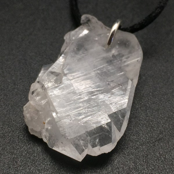 Faden Crystal Pendant, 41mm Flat Tabby Elestial Faden Quartz Crystal with Sterling Silver, Raw Crystal Necklace, Drilled Crystal on Cord