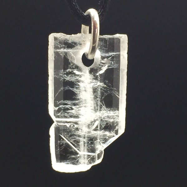 Faden Crystal Pendant, 33mm Flat Tabby Faden Quartz Crystal with Sterling Silver, Raw Crystal Necklace, Drilled Crystal on Cord