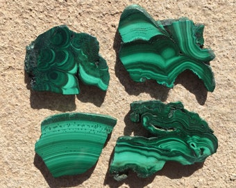 May include: Four pieces of malachite, a green gemstone, with swirling patterns. The malachite is irregularly shaped and has a smooth, polished surface.