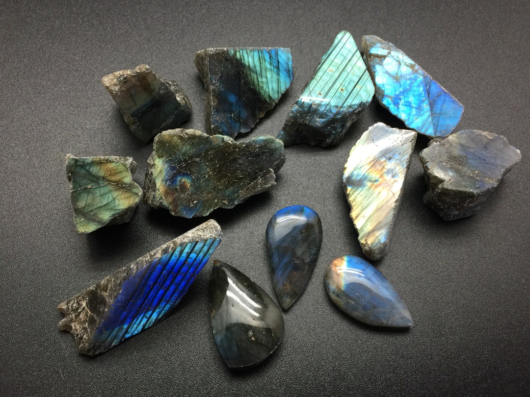 12 Labradorite Stone Bulk Lot, 3 Cabochons & 9 Raw Labradorite Slabs ...