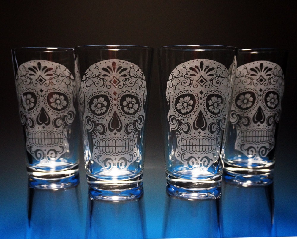 Sugar Skull Glass Etched Glass Skull Pint Glasses Etsy