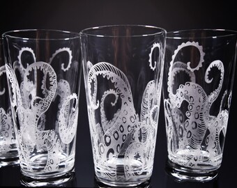 Octopus, Tentacles, Drinking Glass, Glassware Set, Kraken, Etched, Engraved Glass, Set of 2 or 4