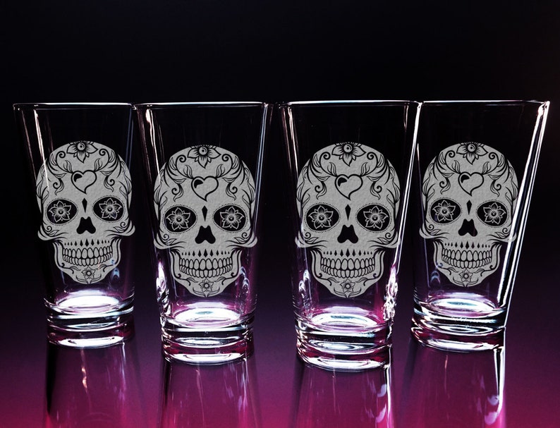 Sugar Skull Glass Etched Glass Skull Pint Glasses Etsy