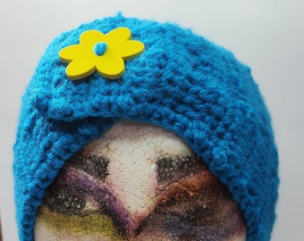Blue Ear warmer / Winter Headband for Women in Sky Blue color with Yellow Flower Button
