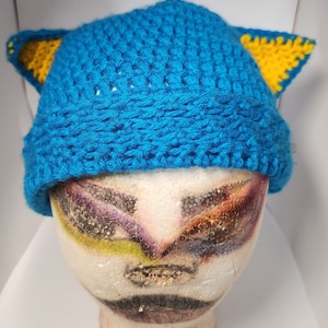 Blue Cat Ear Hat / Blue Cat Hat / Beanie Crochet - Bright Blue and Yellow Ears
