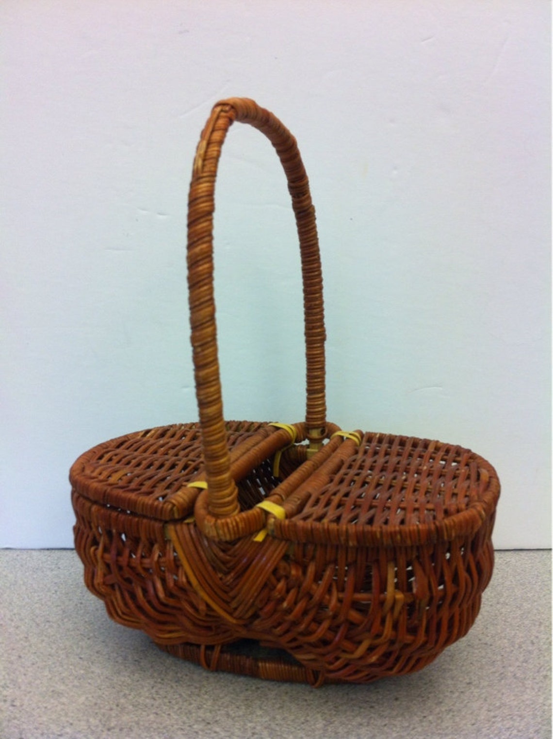 Vintage Oval Wicker Sewing Basket with Double Lids and Handle Etsy