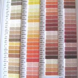 May include: A color chart of DMC embroidery floss with a variety of colors, including beige, brown, orange, red, pink, and white. The chart is organized by color number, with each color represented by a small skein of floss.