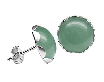 925 Sterling Silver 10mm Round Genuine Green Aventurine Cahochon Ear Stud Earrings Pair