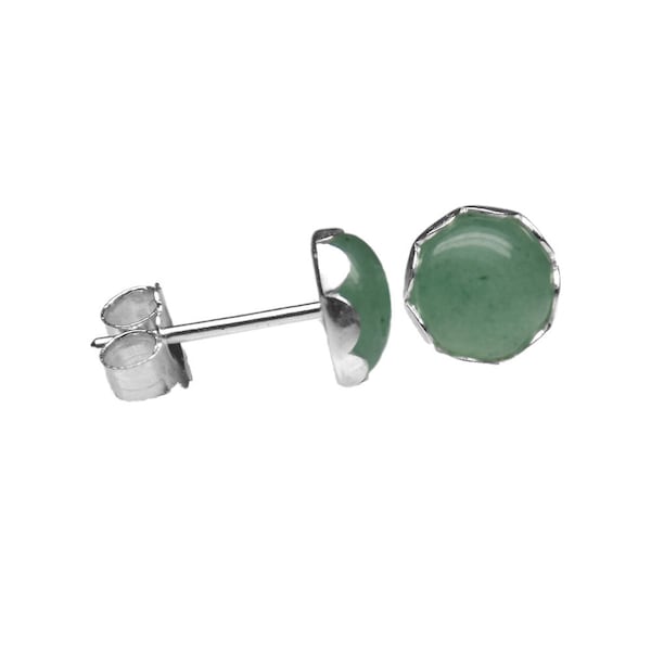 6mm Round Genuine Light Green Aventurine Cabochon Cab Gemstone 925 Sterling Silver Ear Stud Earrings Pair