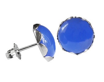 925 Sterling Silver 10mm Round Genuine Blue Onyx Cahochon Ear Stud Earrings Pair