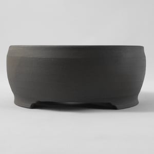 Peut inclure: Un pot à bonsaï en céramique gris foncé, de forme arrondie et doté de trois petits pieds. Le pot a un design large et peu profond, adapté aux bonsaïs. La surface lisse et la couleur neutre offrent une esthétique minimaliste.