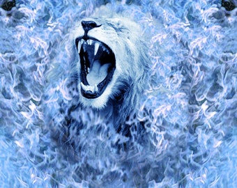 Roaring Lion with Blue Fire Worship Flag