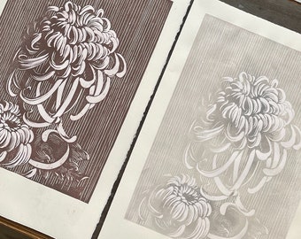 Chrysanthemum. Relief print & Chine-Colle