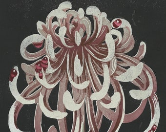 Chrysanthemum. Reduction Linocut. Free Shipping