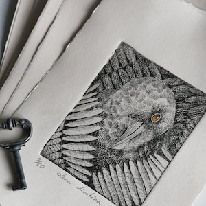 Peut inclure: Une estampe en noir et blanc d'un hibou avec un œil jaune, entouré de plumes détaillées. L'estampe est numérotée 9/50 et signée "Lena Löwenina".