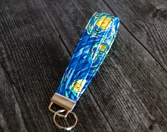 Starry Night fabric keychain key fob wristlet silver hardware