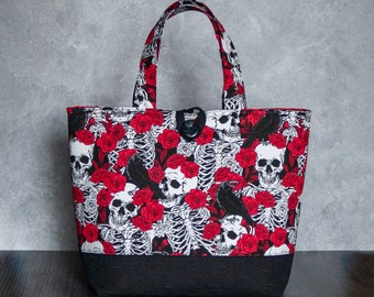 Large Skulls and roses black large project bag for crochet or knitting or purse