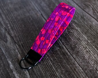 Batik red and purple keychain key fob wristlet matte black