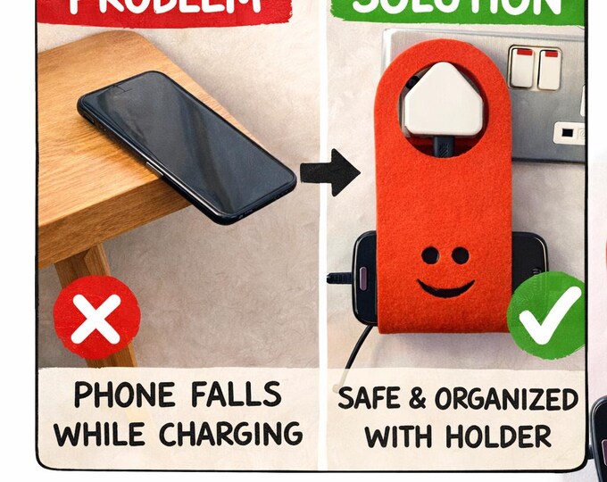 Phone Charging Holder Wall, Felt Phone Pocket, No More Falling Phone While Charging, Cute Smiley Design, Gift Idea for Him Her  Set of 2