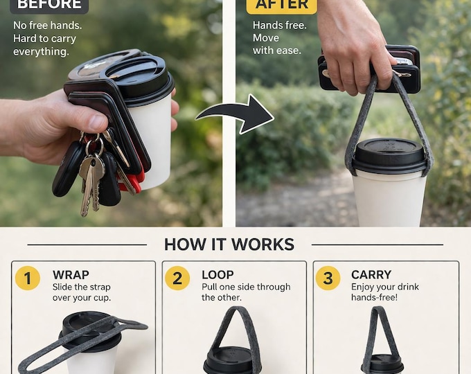 Hands Free Coffee Holder – Cup Carrier Sleeve with Handle – Reusable Felt Coffee Sleeve – Smoothie Cup Holder – Gift for Coffee Lovers