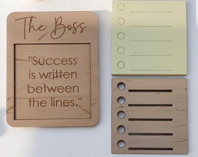 Motivational Wooden Sticky Note Holder + Checklist Template – Desk Organizer Set, Gift for Boss, Coworker, Office Decor