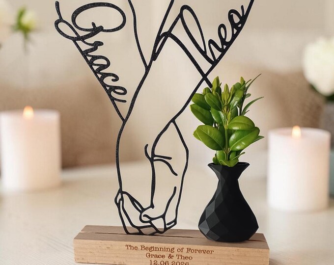 Personalized Couple Hands Sculpture, Custom Names Wedding Gift, Engraved Wooden Base Decor, Anniversary Keepsake, Standard or Lux Vase