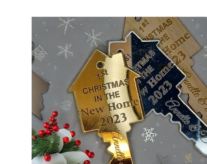 First Christmas in Our New Home  Personalized 2023 Key Ornament Gold White Mirror Acrylic or natural wood