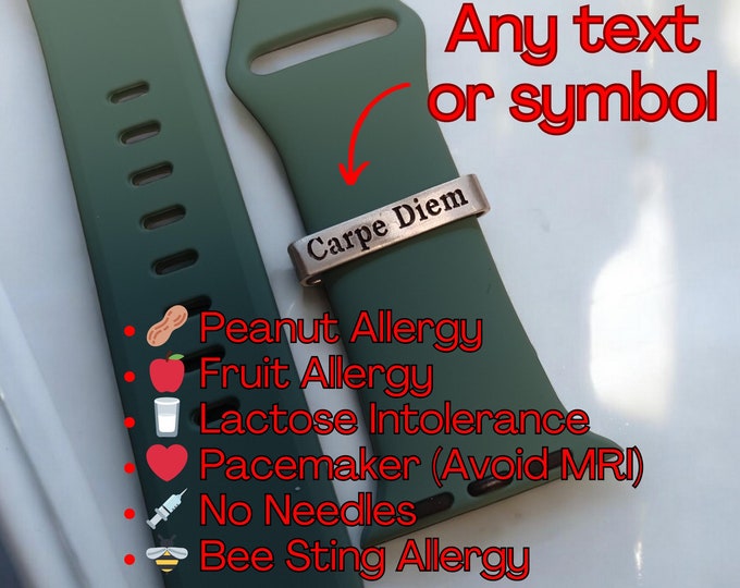 Personalized Medical Alert Smart Watch Charm custom Watch Band Charm Slide Allergy Condition ID Gift for Her Him .