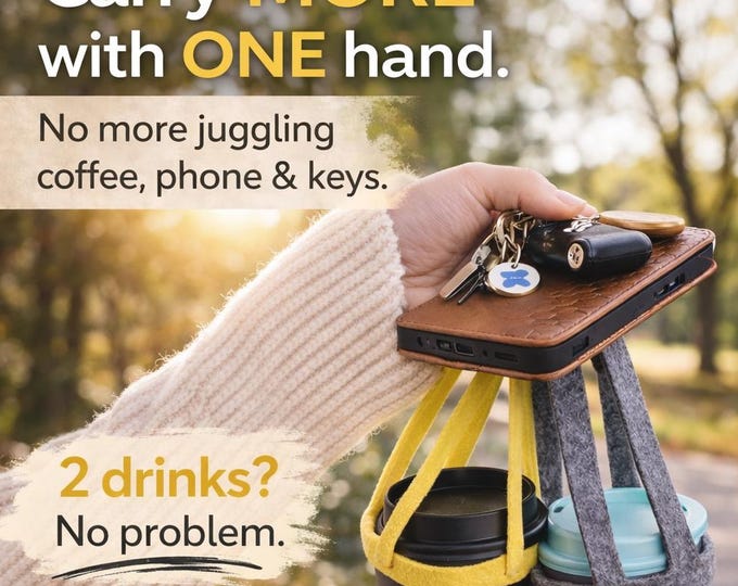 Coffee Cup Holder for Carrying 2 Drinks – Felt Cup Carrier, Hands Free Mug Holder, Coffee Sleeve with Handle, Gift for Mom