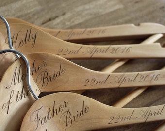 Personalized Mr  Mrs Bride  Groom Bridesmaid Calligraphy Wedding Dress Hangers, Engraved Wood Hanger set of 2