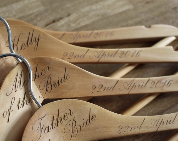 Personalized Mr  Mrs Bride  Groom Bridesmaid Calligraphy Wedding Dress Hangers, Engraved Wood Hanger set of 2