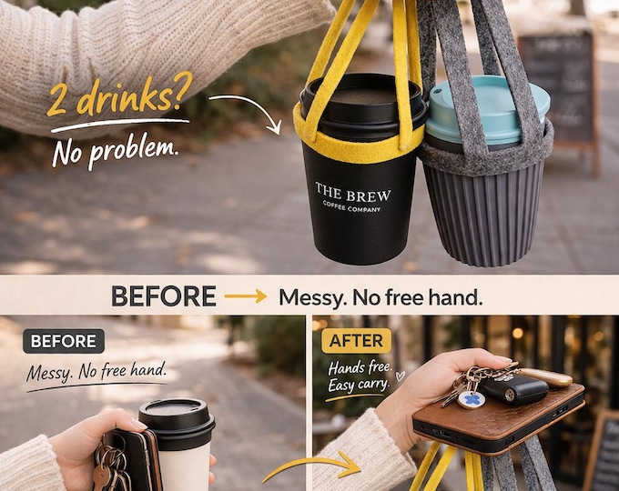 Coffee Cup Holder – Carry 2 Drinks Hands Free, Felt Cup Carrier, Coffee Lover Gift, Reusable Cup Sleeve, No Spill Coffee Holder