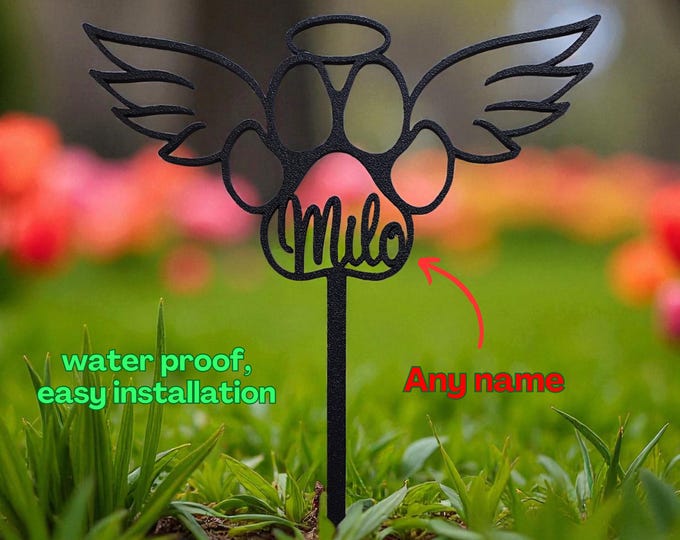 Custom Pet Memorial Garden Stake – Paw Print with Wings & Halo | Personalized Pet Grave Marker | Dog or Cat Memorial Loss Gift
