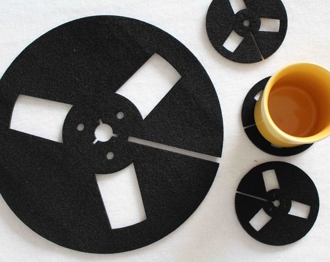 Retro Style Reel to Reel Tape Shape Felt Placemats and Coaster Mats Set of 4 Laser Cut