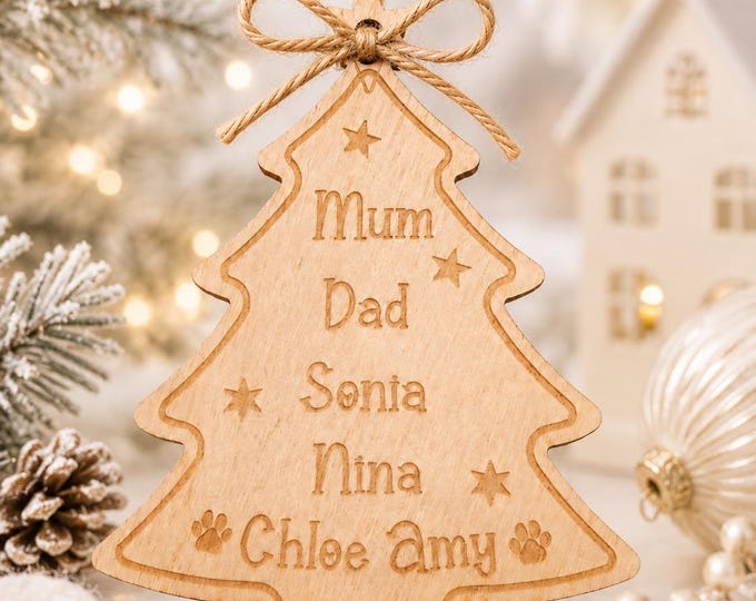 Personalised Wooden Family Christmas Ornament, Engraved Tree Decoration with Names